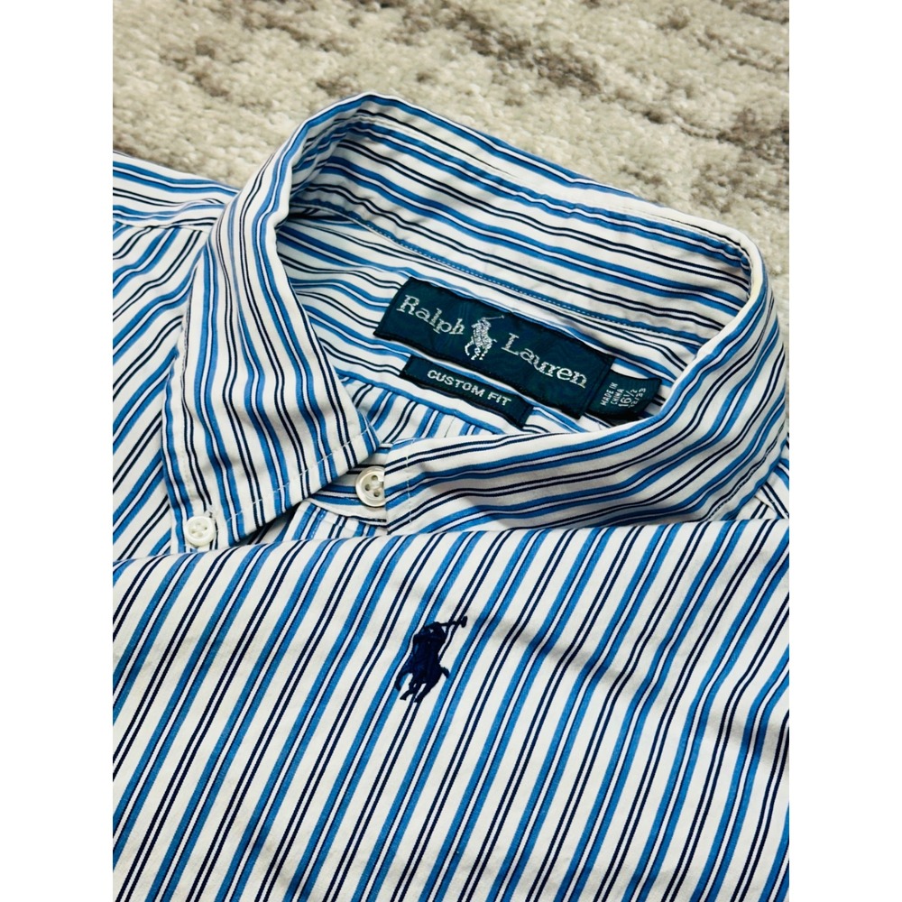 Ralph Lauren Button Down Men 16.5 32/33 Blue Striped Custom Fit Long Sleeve